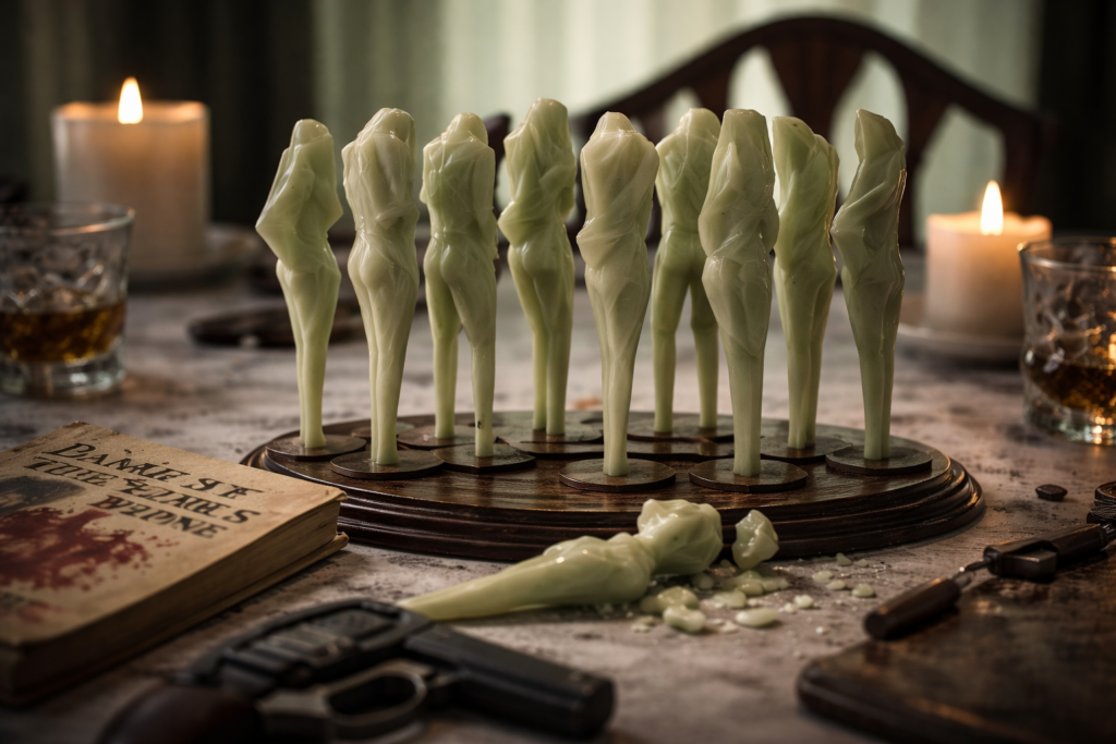 Close-up de estatuetas de porcelana em uma mesa escura, representando o mistério dos dez soldadinhos do livro E Não Sobrou Nenhum.